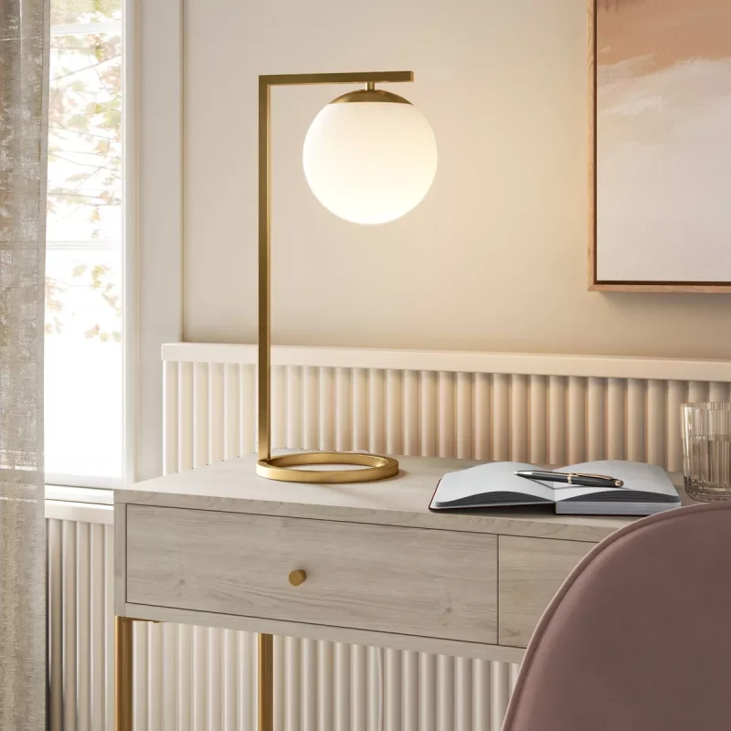 Globe Desk Lamp White : Brass-Finish, Dimmable Rotary Switch, ETL Listed